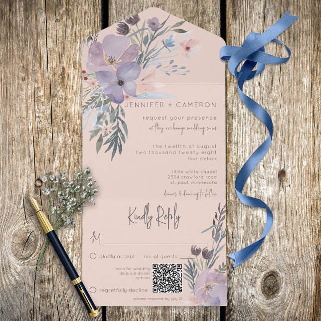 Invitation Tout En Un Pêche Bleu et pourpre Boho Floral Pêche QR Code (Créateur téléchargé)