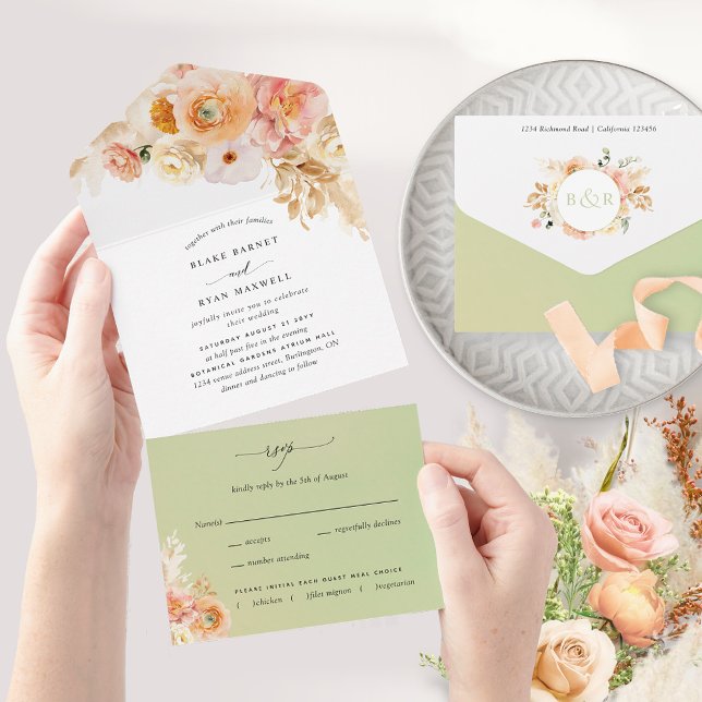 Invitation Tout En Un Pêche élégante et Mariage floral vert avec RSVP A (Créateur téléchargé)