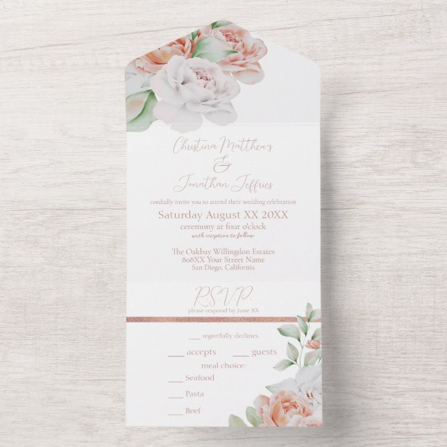 Invitation Tout En Un Pêche romantique et fleurs d'aquarelle blanche (À l'intérieur)