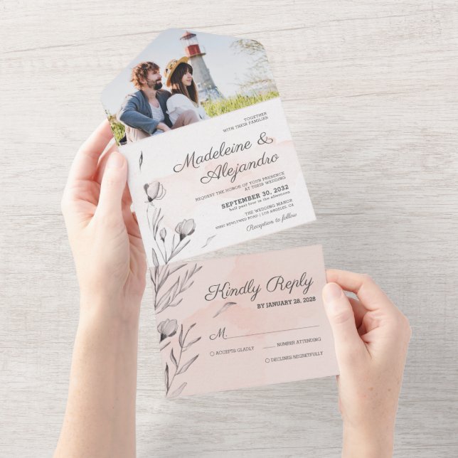 Invitation Tout En Un Pêche romantique & gris floral élégant mariage (Déchirure)