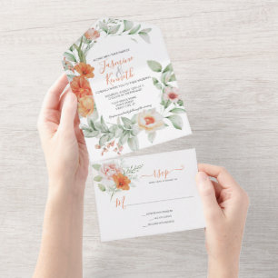 Invitation Tout En Un Pêcher le Mariage Floral en une seule invitation