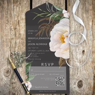 Invitation Tout En Un Peonies blanches modernes sur le code QR noir