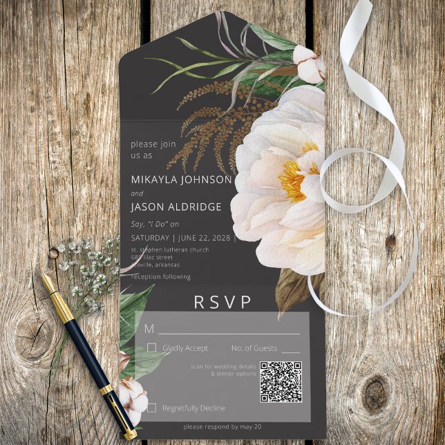 Invitation Tout En Un Peonies blanches modernes sur le code QR noir (Also available without a QR code; with or without dinner selection options.)