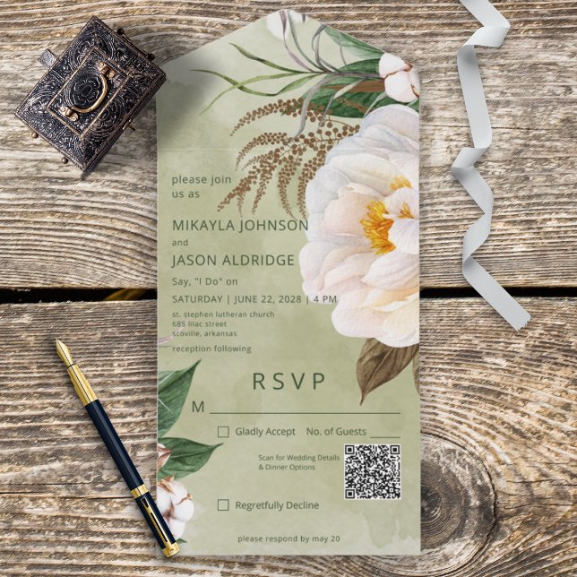Invitation Tout En Un Peonies blanches modernes sur Sage Green QR Code (Créateur téléchargé)