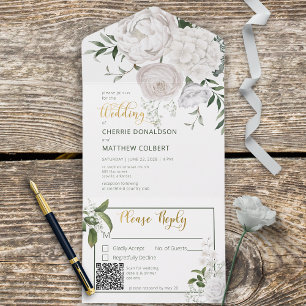 Invitation Tout En Un Peonies blanches rustiques Floral Blanc QR Code