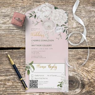 Invitation Tout En Un Peonies blanches rustiques Floral Rose QR Code