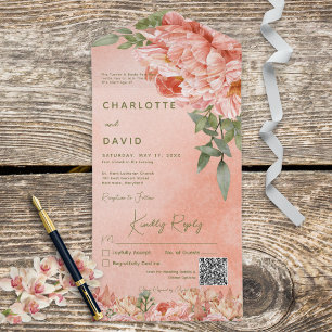 Invitation Tout En Un Peonies de Pêche à Brosse Florale Code QR Floral