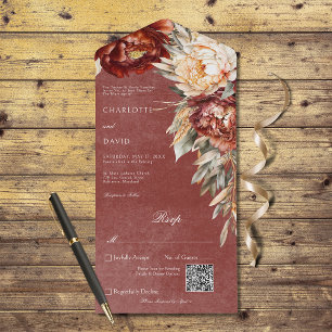Invitation Tout En Un Peonies de rouille vintage et de crème Code QR flo