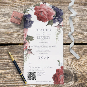 Invitation Tout En Un Peonies rose et bleu rustique Code QR blanc