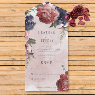Invitation Tout En Un Peonies rose et bleu rustique Pink Pas de dîner