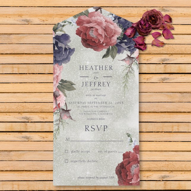 Invitation Tout En Un Peonies Rustiques Roses & Bleues Sage Vert Pas de  (Also available with a QR code or with dinner selection options.)
