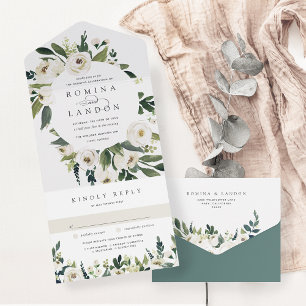 Invitation Tout En Un Peony blanc   Aquarelle Mariage de cadre Floral