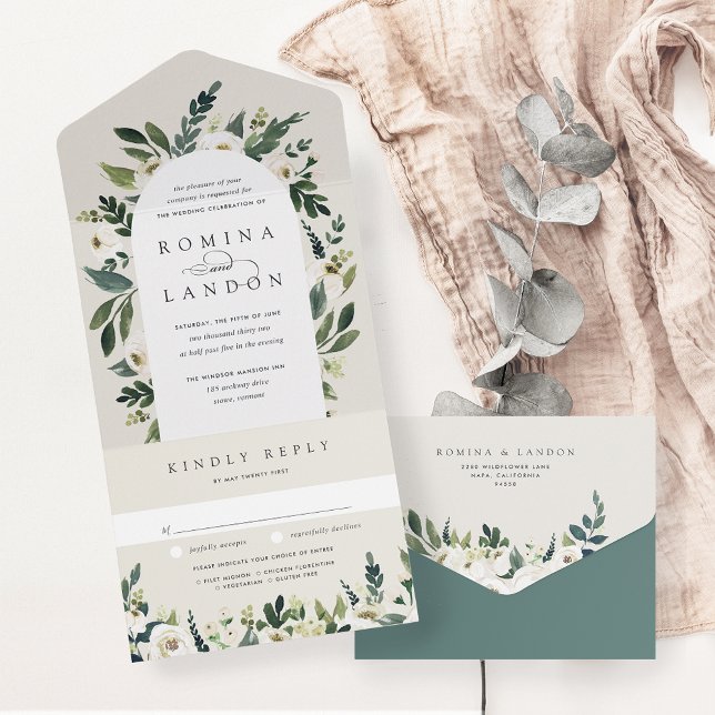 Invitation Tout En Un Peony blanc | Mariage d'arche florale aquarelle (Créateur téléchargé)