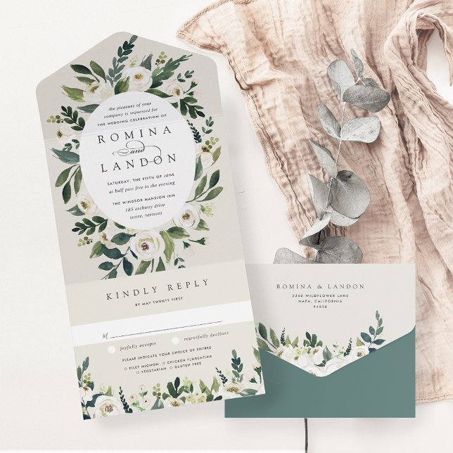 Invitation Tout En Un Peony blanc | Mariage floral de l'aquarelle du cad (Créateur téléchargé)