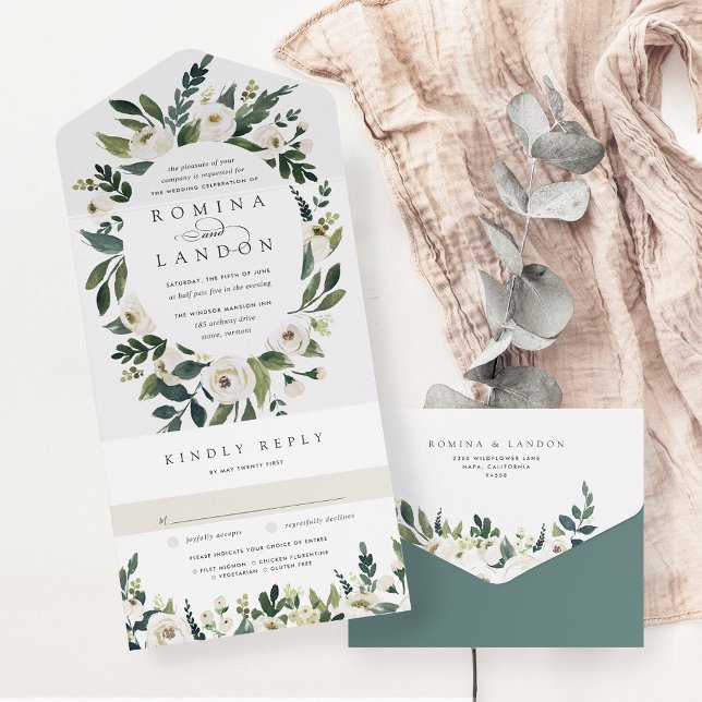 Invitation Tout En Un Peony blanc | Mariage floral de l'aquarelle du cad (Créateur téléchargé)