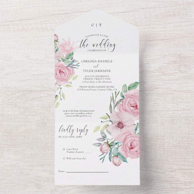 Invitation Tout En Un Peony Rose Pastel Pink Floral Mariage (À l'intérieur)