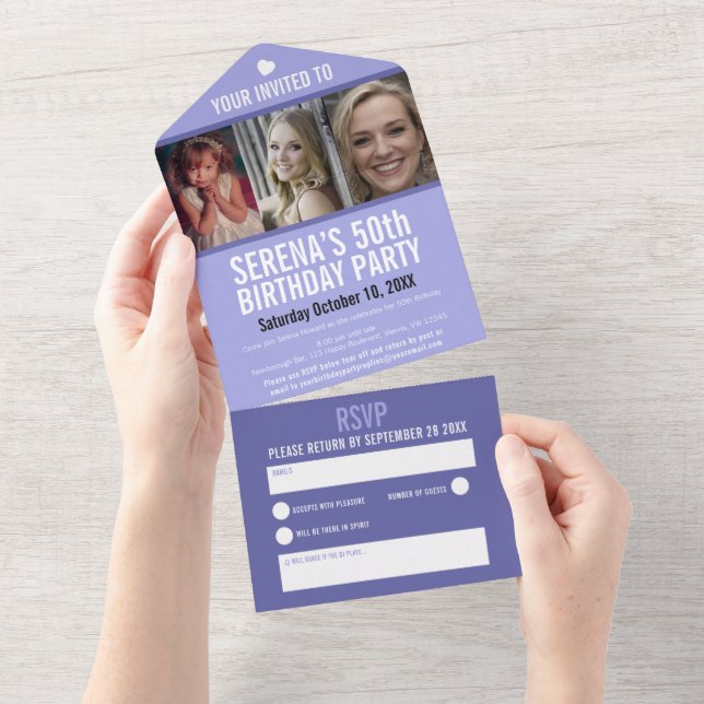 Invitation Tout En Un Peri bleu violet trois photos fête 50e anniversair (Déchirure)