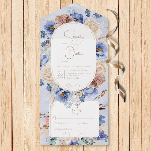 Invitation Tout En Un Peri Blue Boho Fleurs & Grasses Pas de dîner (Also available with a QR code or with dinner selection options.)