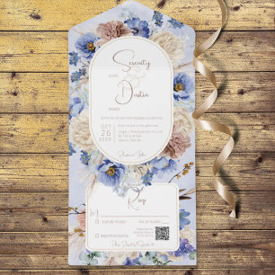 Invitation Tout En Un Peri Blue Boho Fleurs & Grasses QR Code