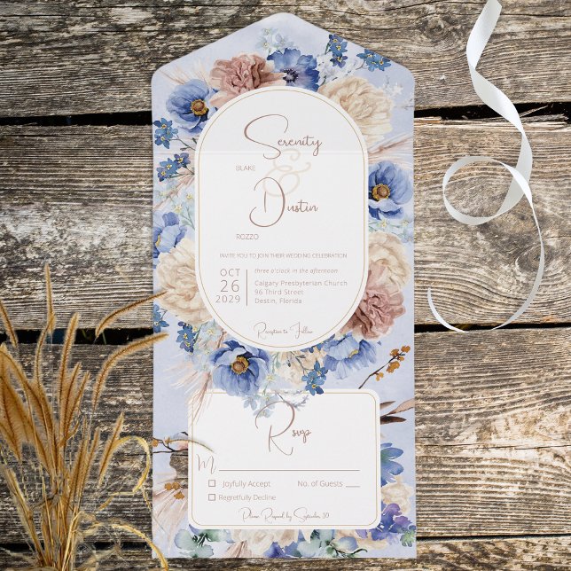 Invitation Tout En Un Peri Boho Fleurs Grass tout en un mariage Invitati (Créateur téléchargé)