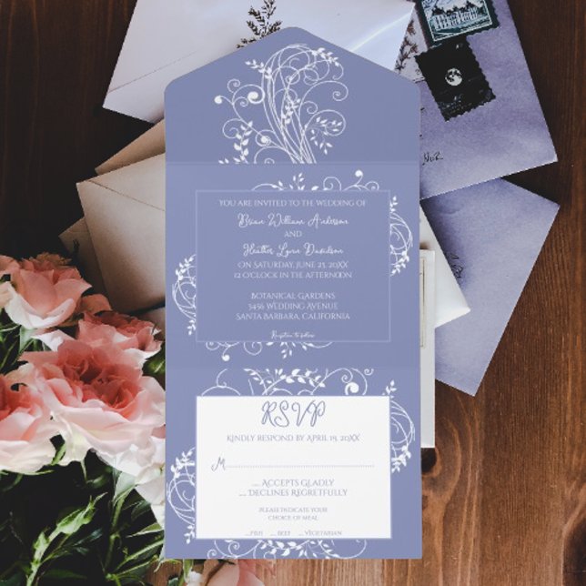 Invitation Tout En Un Périwinkle Mariage florissant tout en une invitati (Periwinkle Flourish All in One Wedding Invite)