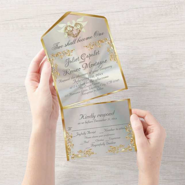 Invitation Tout En Un Perle blanche, Feuilles d'or, colombes et coeur (Déchirure)