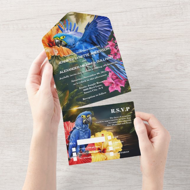 Invitation Tout En Un Perroquet de la jungle fleurs tropicales forêt (Déchirure)