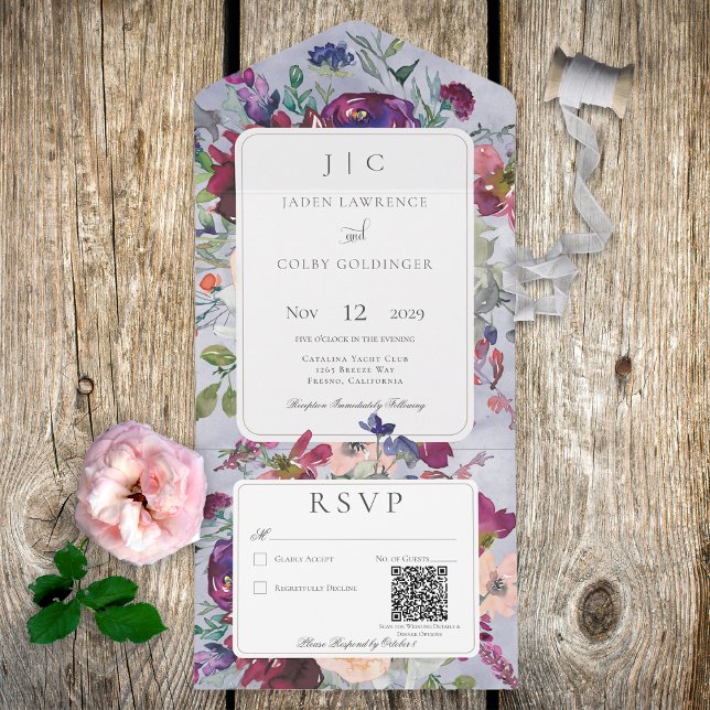Invitation Tout En Un Pervenche Marron & Blush Floral Rustique Code QR (Créateur téléchargé)