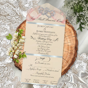 Invitation Tout En Un Pétales Romantiques & Cœurs - Pêche/Argent