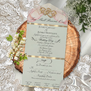 Invitation Tout En Un Pétales Romantiques & Cœurs - Perle Sauge/Or