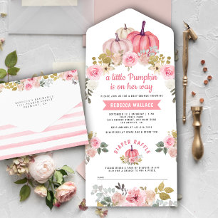 Invitation Tout En Un Petit Baby shower Floral rose Citrouille