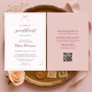 Invitation Tout en un Petit Cœur Rose Ruban Baby Shower