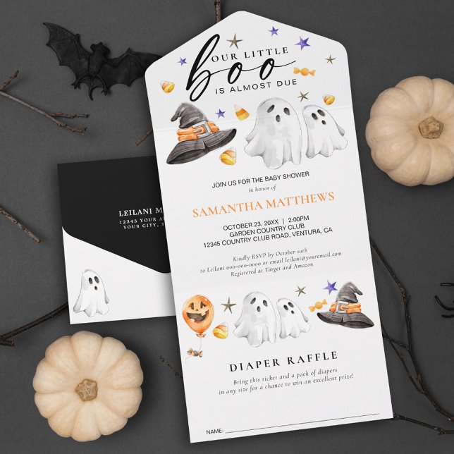 Invitation Tout En Un Petite barrette Halloween Halloween Raffle (Little boo is almost due diaper raffle all in one Halloween invitation featuring watercolor ghosts.)