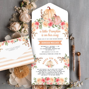 Invitation Tout En Un Petite citrouille rose et floral pêche Baby Shower
