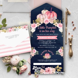 Invitation Tout En Un Petite citrouille rose floral bleu marine Baby Sho