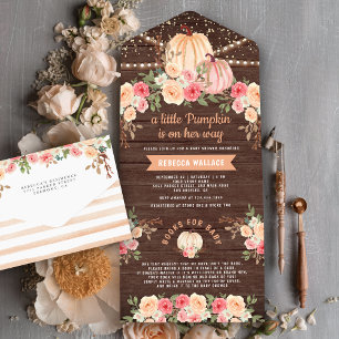 Invitation Tout En Un Petite citrouille rose pêche florale bois Baby Sho