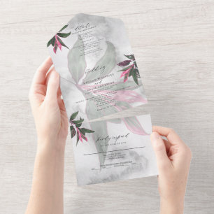 Invitation Tout En Un Philodendron Tropical Pink Marble Gris