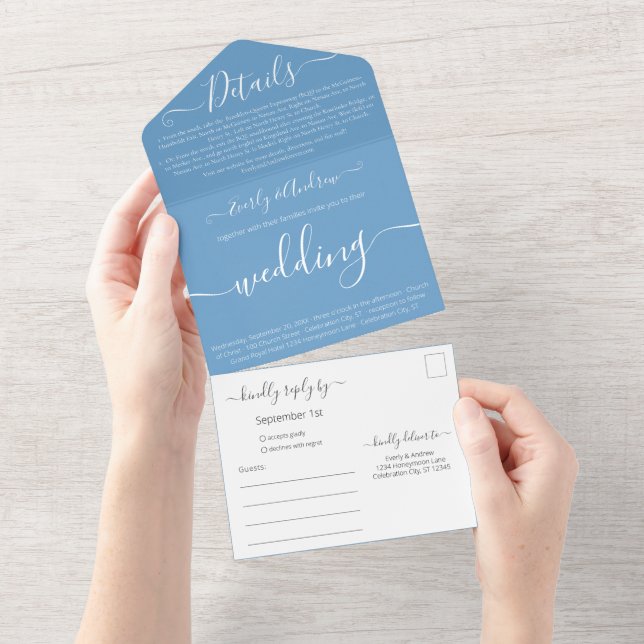 Invitation Tout En Un Photo Back Simple Moderne Tranquil Mariage Bleu (Déchirure)