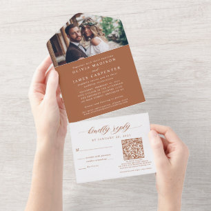 Invitation Tout En Un Photo Boho moderne RSVP QR Code Mariage en terre c