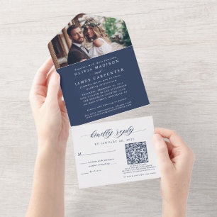 Invitation Tout En Un Photo Boho moderne RSVP QR Code Marine Mariage ble