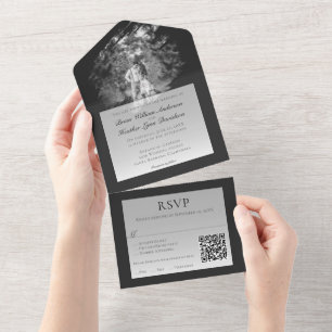 Invitation Tout En Un Photo de mariage à coup de pinceau moderne Noir