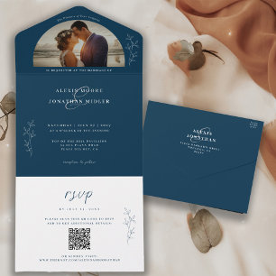 Invitation Tout En Un Photo de mariage romantique bleu foncé et sombre