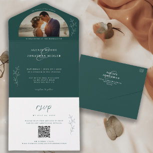 Invitation Tout En Un Photo de mariage romantique émeraude vert