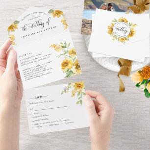 Invitation Tout En Un Photo : Élégant Mariage Floral Jaune Éteint RSVP