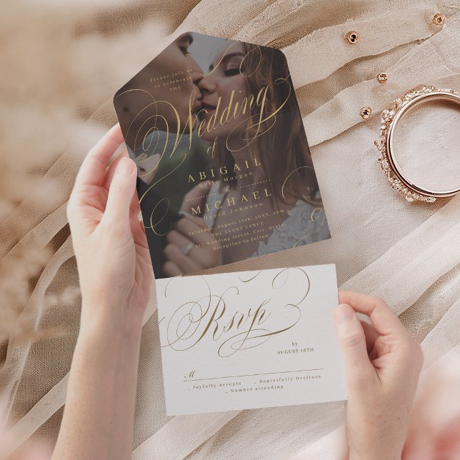 Invitation Tout En Un Photo élégante calligraphie classique mariage vint (Minimalist wedding invitation display background, ultra-wide negative space in center with soft oval)