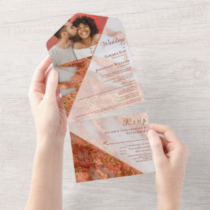 Invitation Tout En Un Photo en terre cuite marbre de cuivre Elégant géom