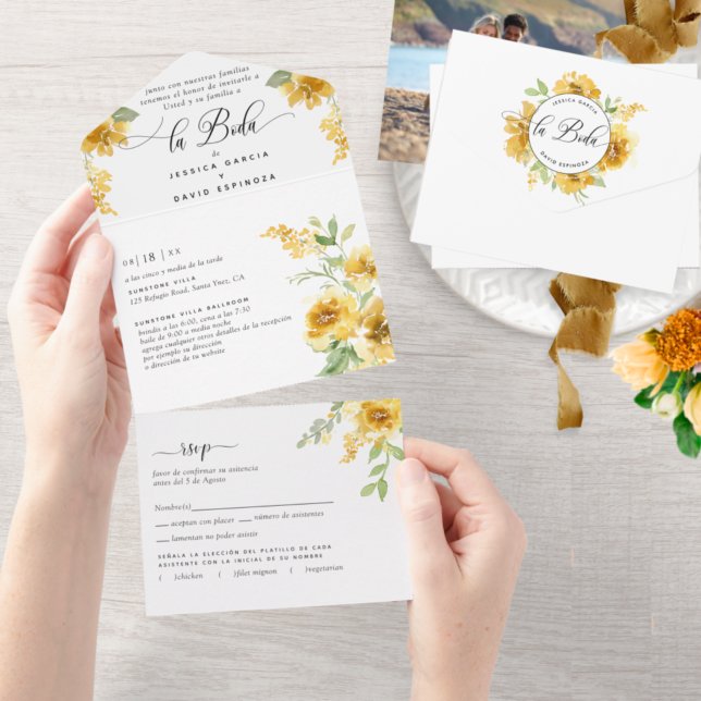 Invitation Tout En Un Photo Espagnol, Mariage Floral Jaune Déchirer RSVP (Créateur téléchargé)