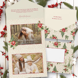 Invitation Tout En Un Photo Floral de Noël Rétro Couleur Vive