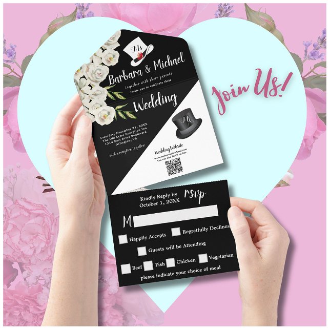 Invitation Tout En Un Photo florale unique en noir et blanc (Créateur téléchargé)