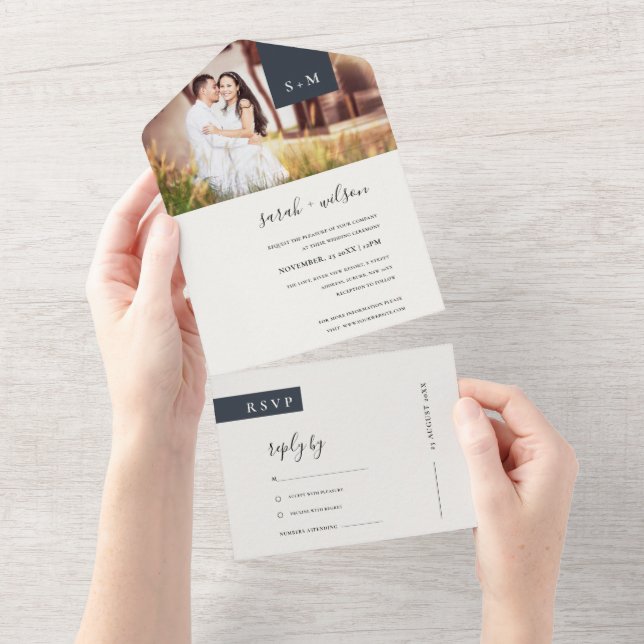 INVITATION TOUT EN UN PHOTO MARIAGE DE MONOGRAMME BLANC NOIR MINIMAL TOU (Déchirure)